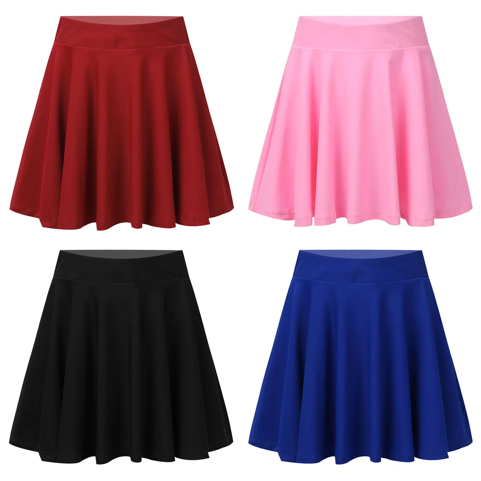 4-12Y Kids Girls Pure Color Skirt Wide Elastic Waistband A-line Ruffle Hem Above Knee Length Skirt Kids Pleated Skating Skirt