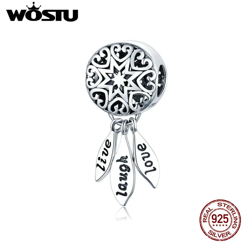 WOSTU 925 Sterling Silver Live Laugh Love Charms CZ Bead Fit Original Bracelet Bangle Pendant Charms For Jewelry Making CQC1128