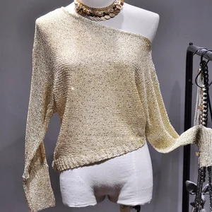 Langes Mesh T -Shirt aus der Schulter, sexy Kurzversion, helle goldene Seidenbluse, Herbst 12 Hauptverkäufe Nude Seidenbluse - №6