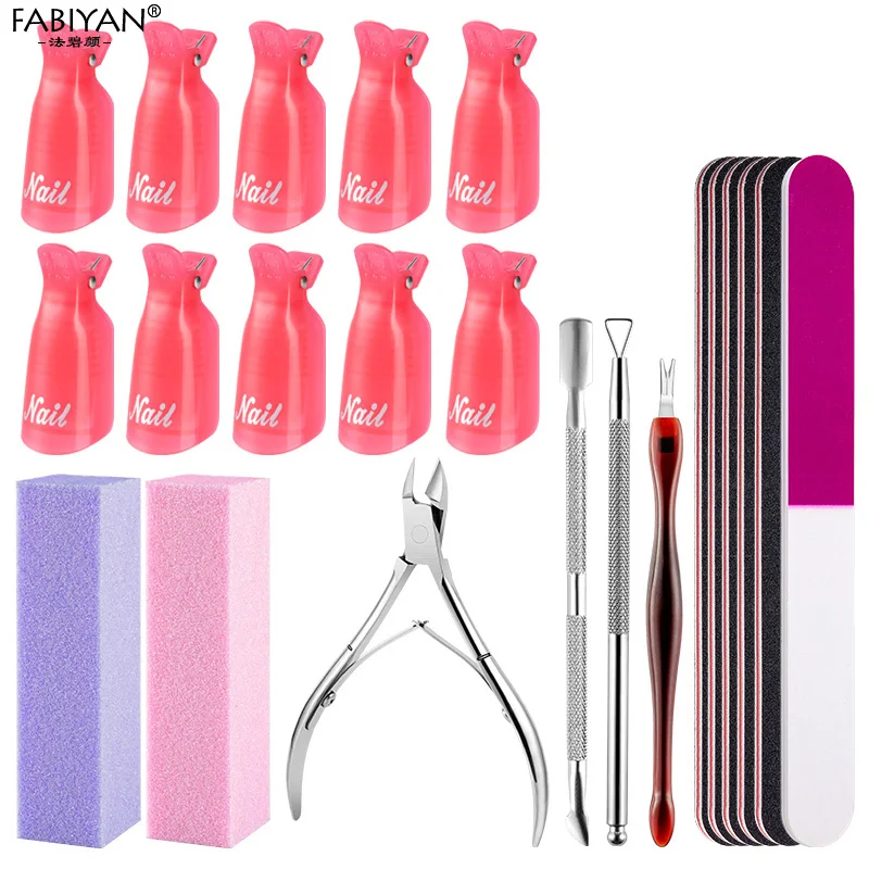 Nail Polish Remover Clip Set Nail Art Soak Off Cap Cuticle Pusher Dead Skin Scissor Fork Sanding Files Manicure Tools 22pcs