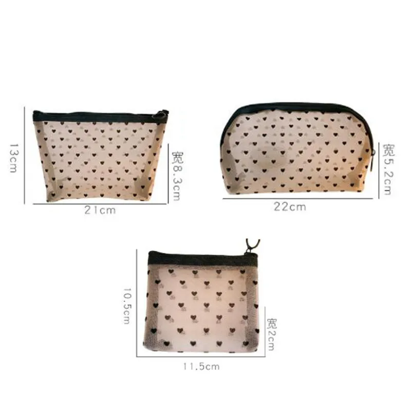 Heart Printed Mesh Cosmetic Case Makeup Bags Holder Cute Transparent Zipper Black Pencil Pen Case Pouch Convenient To Carry