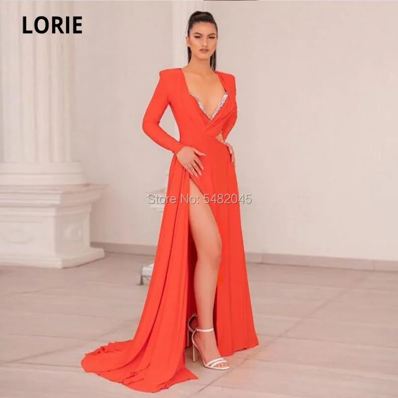 LORIE-Vestidos de Noche árabes con cuello en V, vestido de fiesta con cuentas de diamantes de imitación, abertura lateral alta, manga larga, sirena, para desfile, graduación, 2021