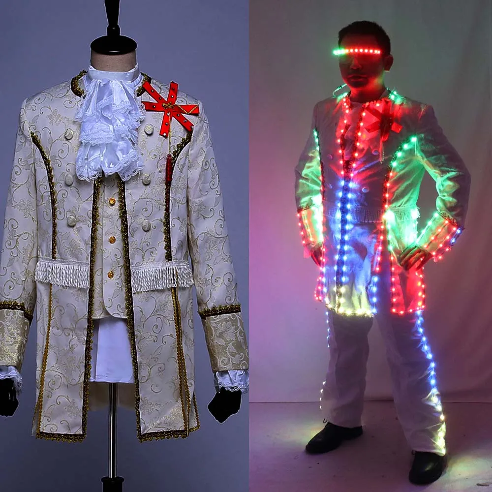 Full Color Smart LED Court Suit Europe Style Court Marshal Clothing Groom Wedding Mens Suits Light EDM Music Party Stage Singer