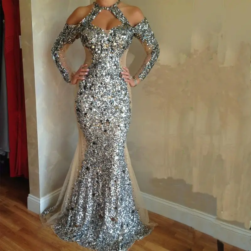 vestido de festa Sparkling Silver Sequin Crystals Mermaid Luxury Evening Dresses Gorgeous Long Sleeve Mermaid Prom Dress Party G