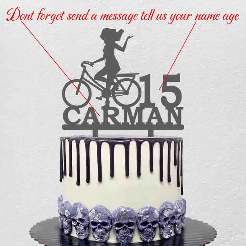 Personalized Cycling Cake Topper Custom Name Age Woman Riding Bicycle For Cycling Fans Birthday Party Cake Decoration Topper