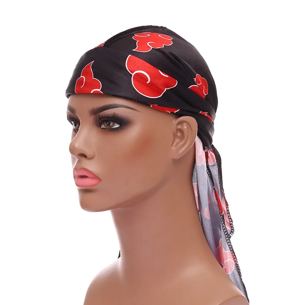 Street Hip-Hop Silky Durags For Men Print Bandana Turban Hat Unisex Doo Durag Wigs Women Headwrap Chemo Cap Long Tail Pirate Hat