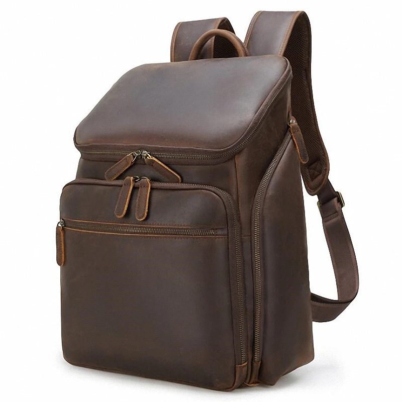 Luxury Backpack Men Crazy Horse Genuine Leather Back Pack Laptop Bag Business Casual Fashion Male Brown Bags High Quality