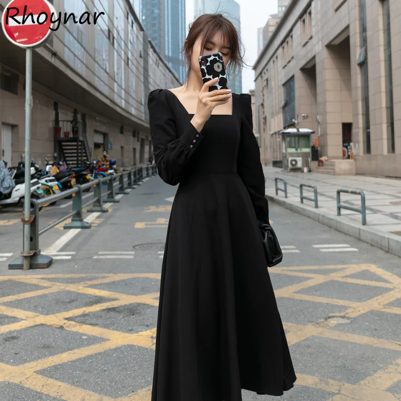 

Long Sleeve Dress Women French Elegant Autumn Retro Tunic Popular Fashion Ulzzang Square Collar Mid-calf Street Wear Tender Chic