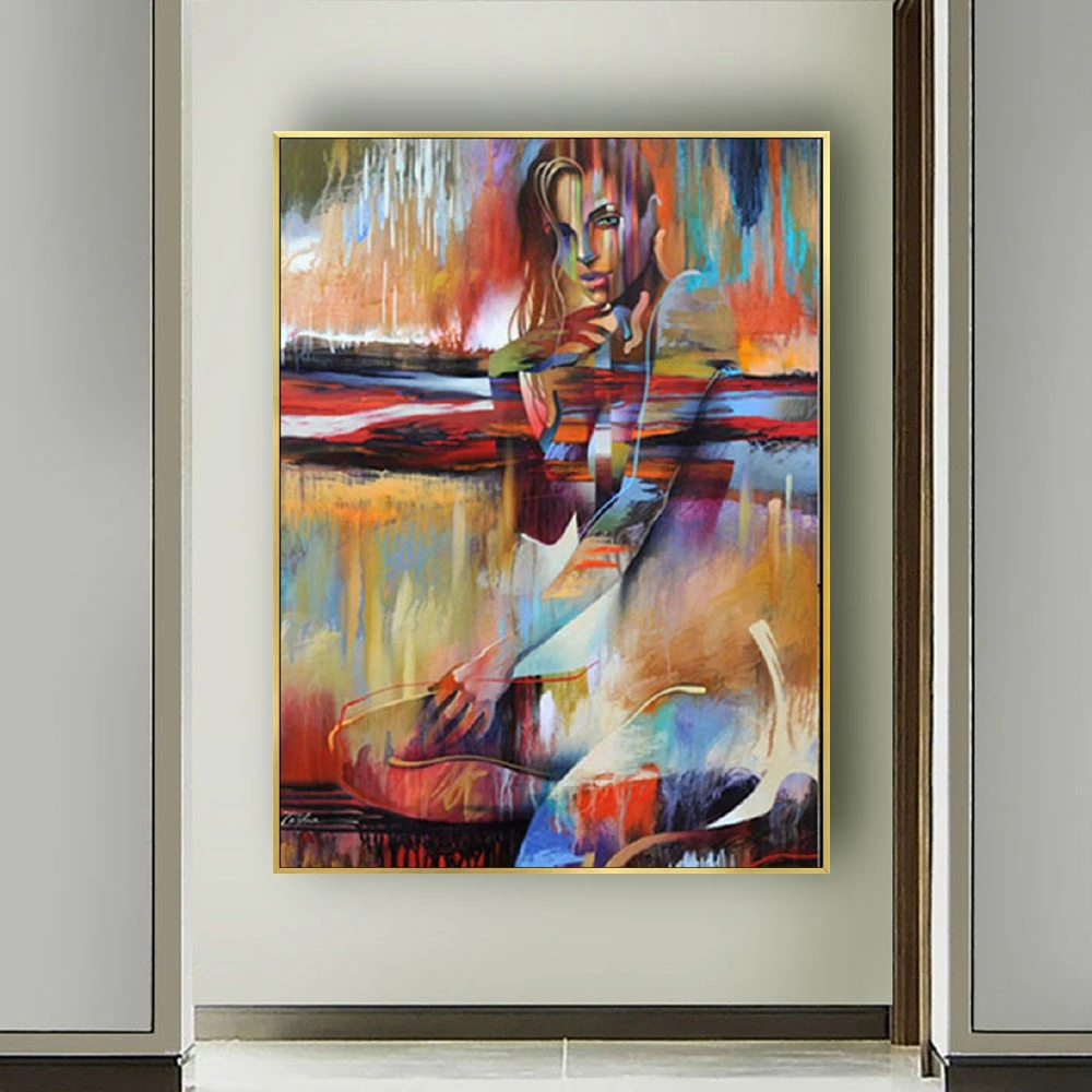 

Hand-Painted Modern Nude Woman Portrait Oil Painting On Canvas Red Orange Abstract Fashion Naked Girls Pictures For Living Room