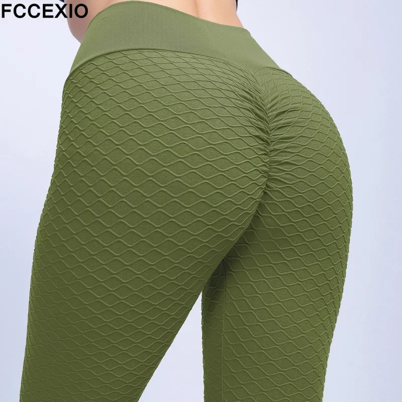 FCCEXIO Sommer Mode Jacquard Leggings Fitness Sporting Engen Hosen Damen Einfarbig Push-Up Hohe Taille Leggings 5 Farben