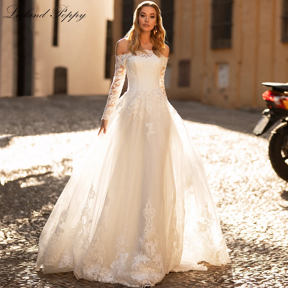 Lceland Poppy Customized A Line Boat Neck Lace Wedding Dresses Full Sleeves Floor Length Bridal Gowns with Court Train