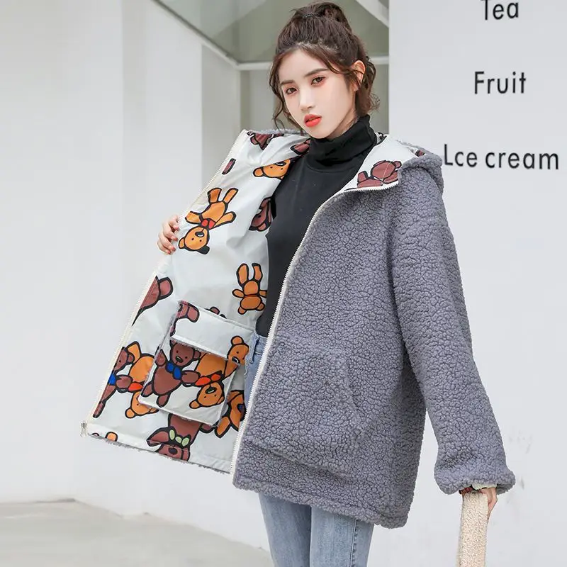 Double-sided Printed Bear Lamb Wool Cotton-padded Jacket Womens 2024 Autumn Winter Student Hooded Jackets Korean Fashion Casual