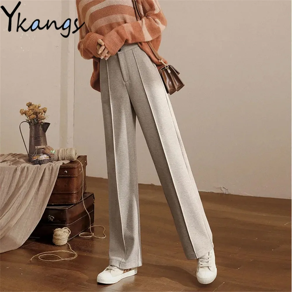 

Wool Blend Zipper Button Stitching High Waist Basic Wide Leg Pants Women Office Lady Trousers Autumn Winter Warm Mujer Pantaloon