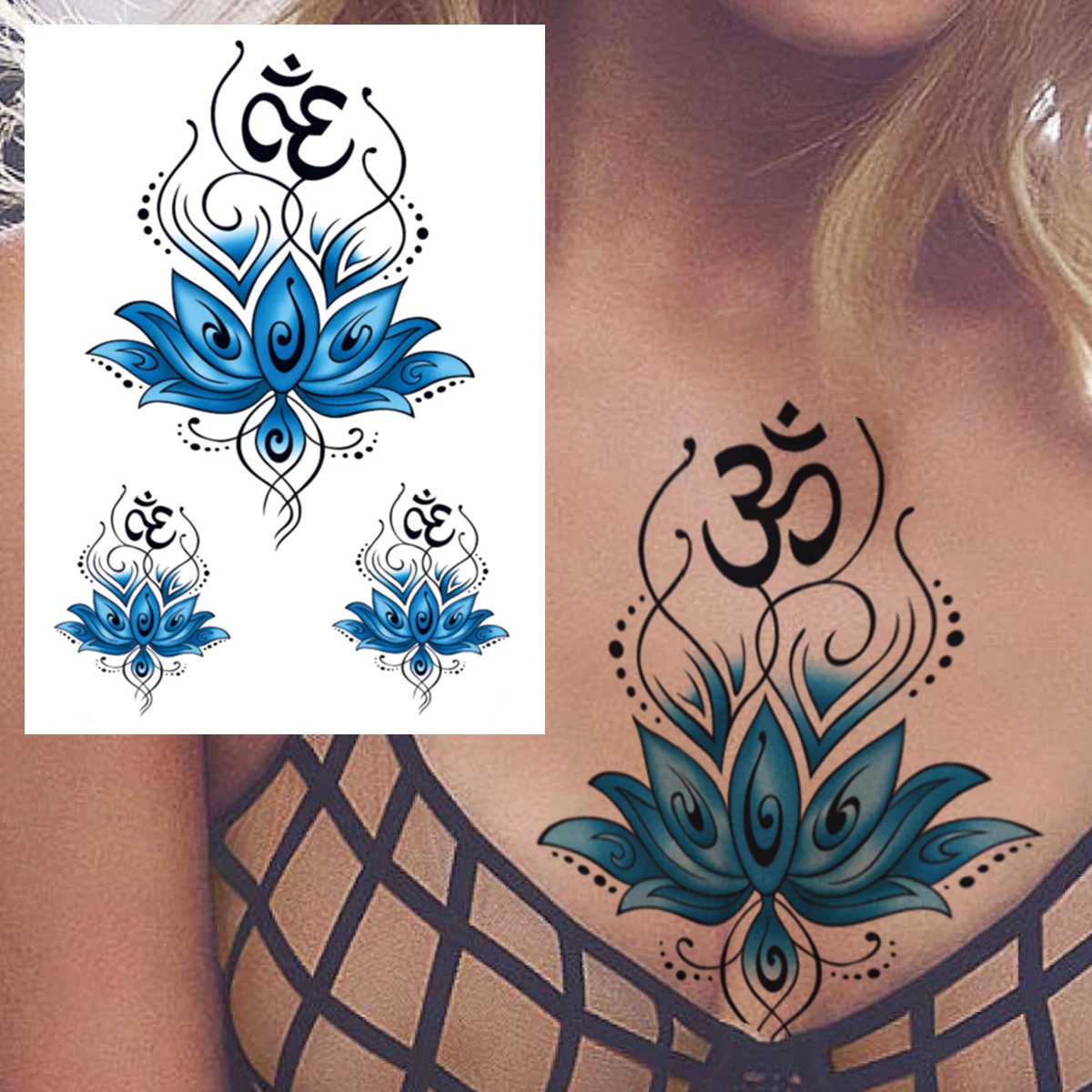 Tatuagem temporária de flor de raposa inteligente para meninas adulto azul lótus geometria tatoos adesivo falso transferência de água tatuagens braçadeira