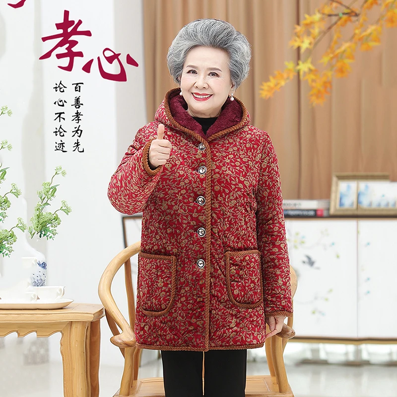 Middle-Aged Elderly Grandmother Cotton Padded Clothes Winter Coat Parkers Add Velvet Thicken Warm Women\'s Jackets  Overcoat 5XL