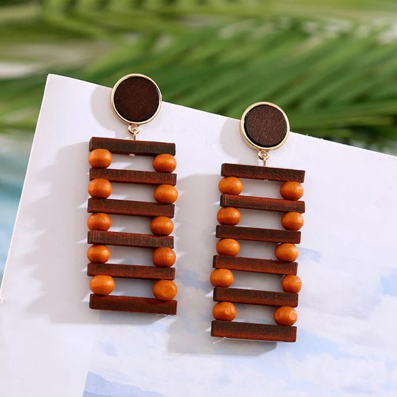 YAOLOGE 23 Style New Fashion Korean Wooden Handmade Geometric Wood Round Square Bamboo Rattan Knit Drop Earrings For Women 2022