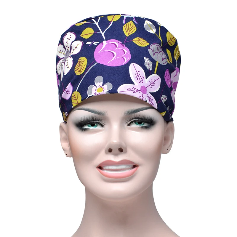 Scrub Caps Women Hair Cover Flower Printed Cotton Sweatband Adjustable Caps