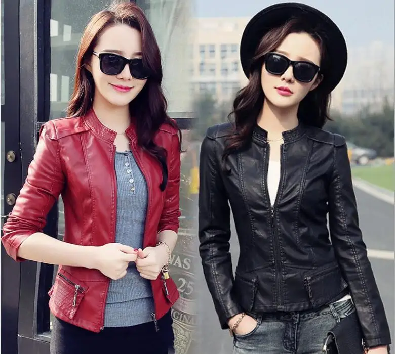 burgundy Women Pu Leather Short Slim Jacket Round Neck Zipper Coat Female Outerwear New Fashion Jacke M-2XL red slim coat moto