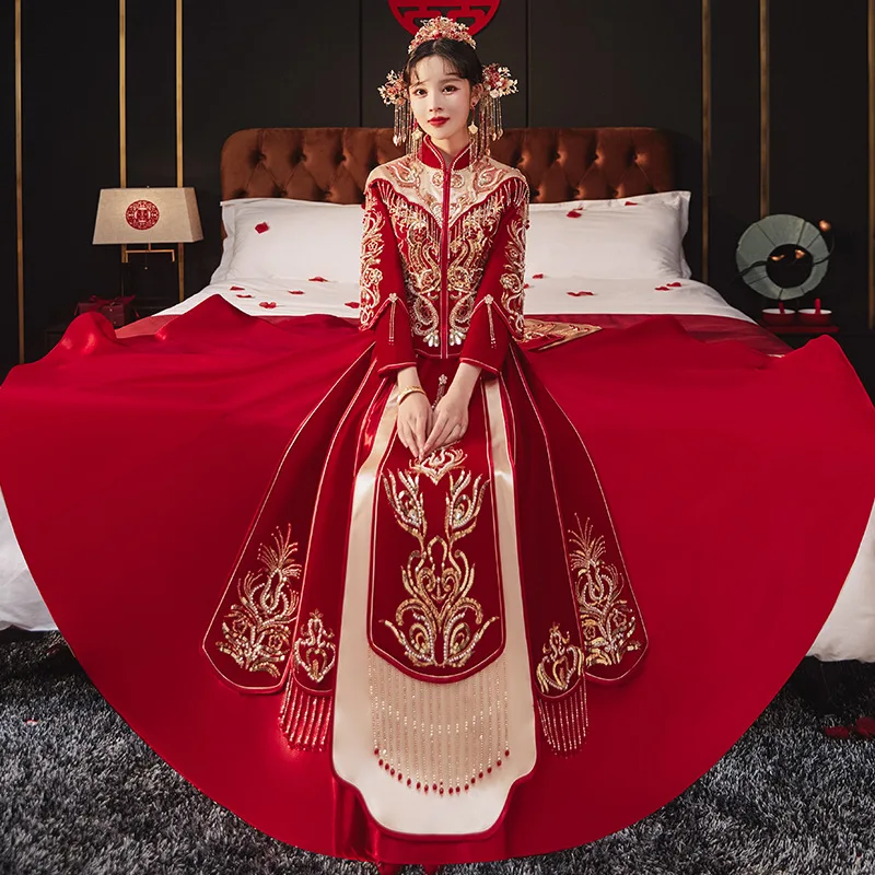 

Exquisite Sequins Embroidery Beading Velour Mandarin Collar Marriage Cheongsam Elegant Couple Wedding Dress Свадебное платье