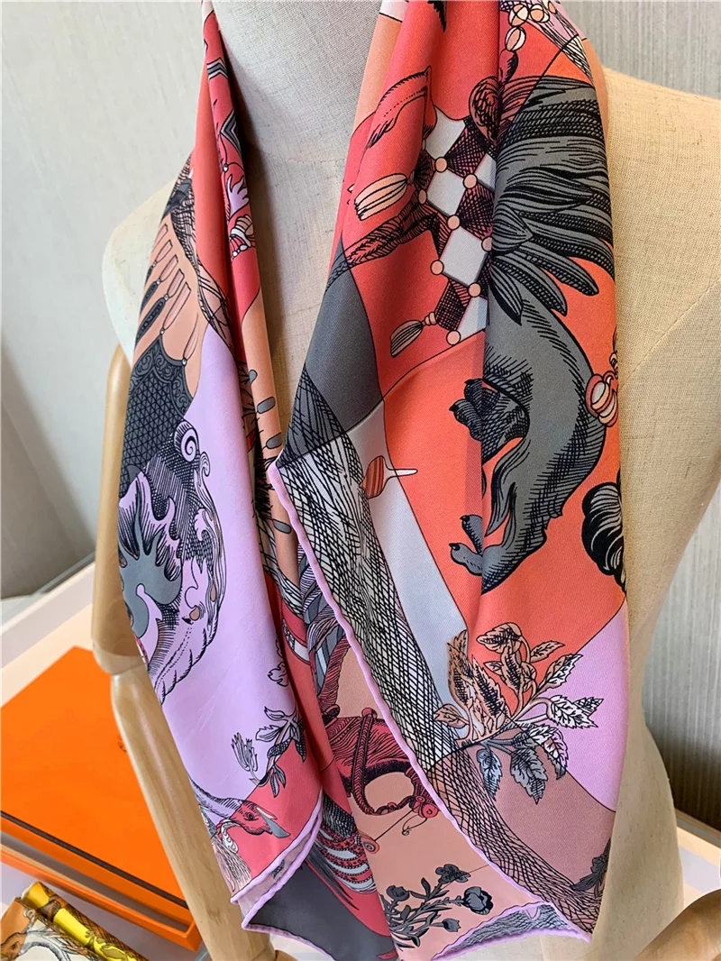 Luxury Brand Twill Silk Large Scarf Women Handmade curling horse rider animal female twill square shawl FashionBelt SquareScarve