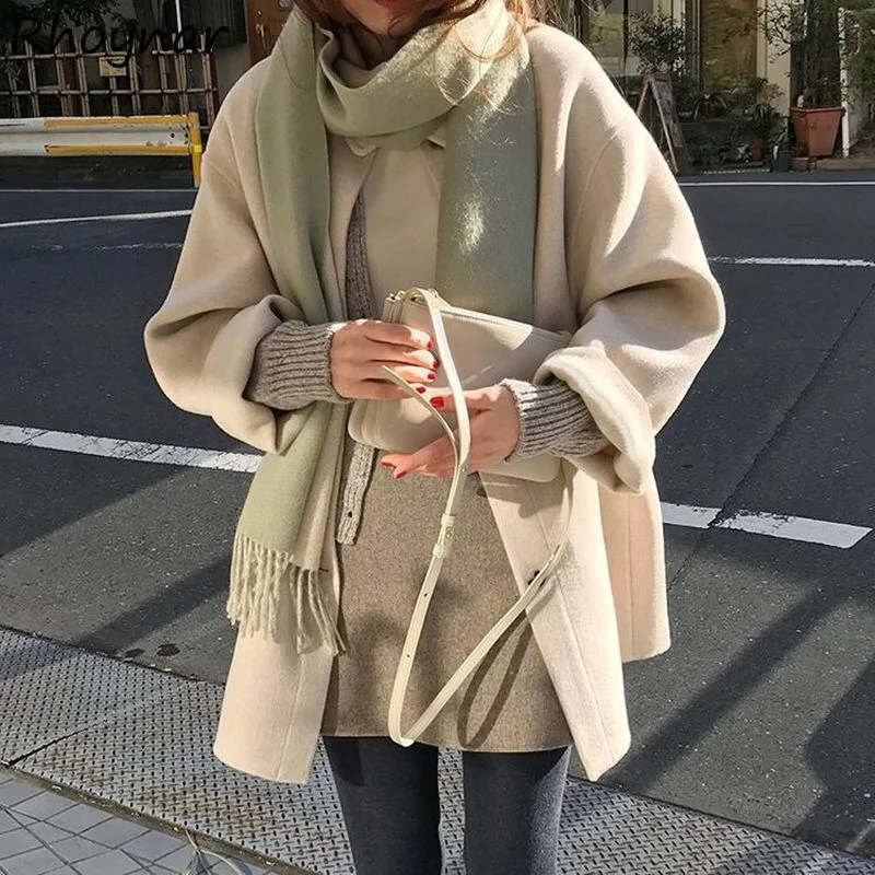 

Blends Women A-line Outer Wear Autumn Solid All-match College Elegant Leisure Vintage Ulzzang Fashion Streetwear Ins Design Chic