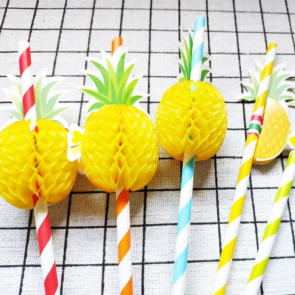 50Pcs/Set Of Pineapple Paper Straws Hawaii Beach Tropical Birthday Party Decoration Summer Pool Party Wedding Creative Supplies