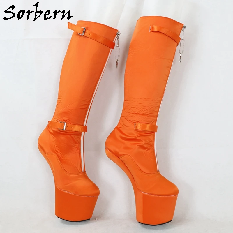 Sorbern Custom Calf Boots Women Lockable Zipper Hoof Heelless Hidden Wedge Boots Crossdressed Heels Front Zippers Ankle Strap