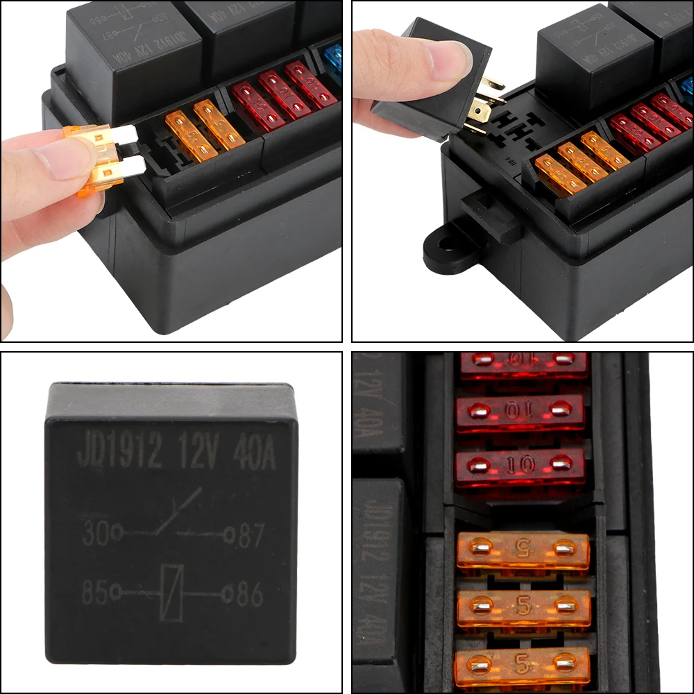 12V 24V 40A 12Way Blade Fuse Box Holder 4 Pin Relays Spade Terminals Overloard Protection Accessories for Auto Car Truck Trailer