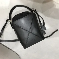 Handmade Patchwork Genuine Leather Handbags Women Bucket Bag Luxury Design Portable Shoulder Crossbody Bag Female Small Totes