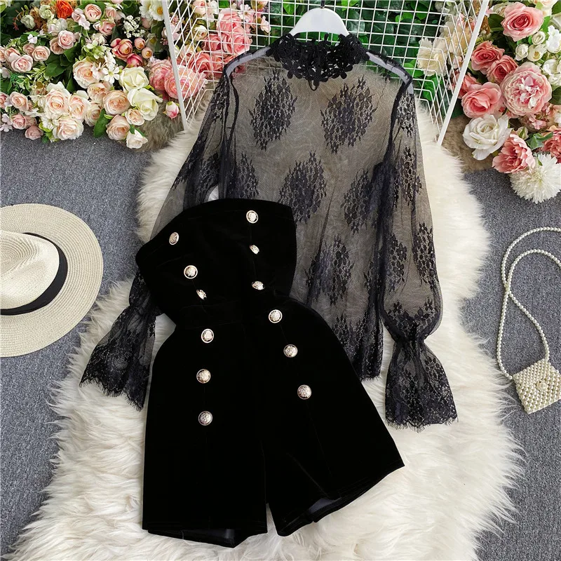 Two Sets Slim Velvet Jumpsuits New Spring Long Sleeve Lace Embroidery Shirt Women Double Breasted Playsuits Ladies Bodysuit Suit