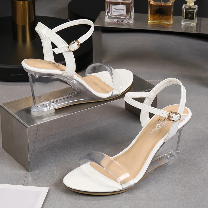 2020 Wedges Women Sandals Fashion Crystal Party Shoes Sandals  Peep Toe Transparent High Heels 8CM Slides Female Sandals Shoes