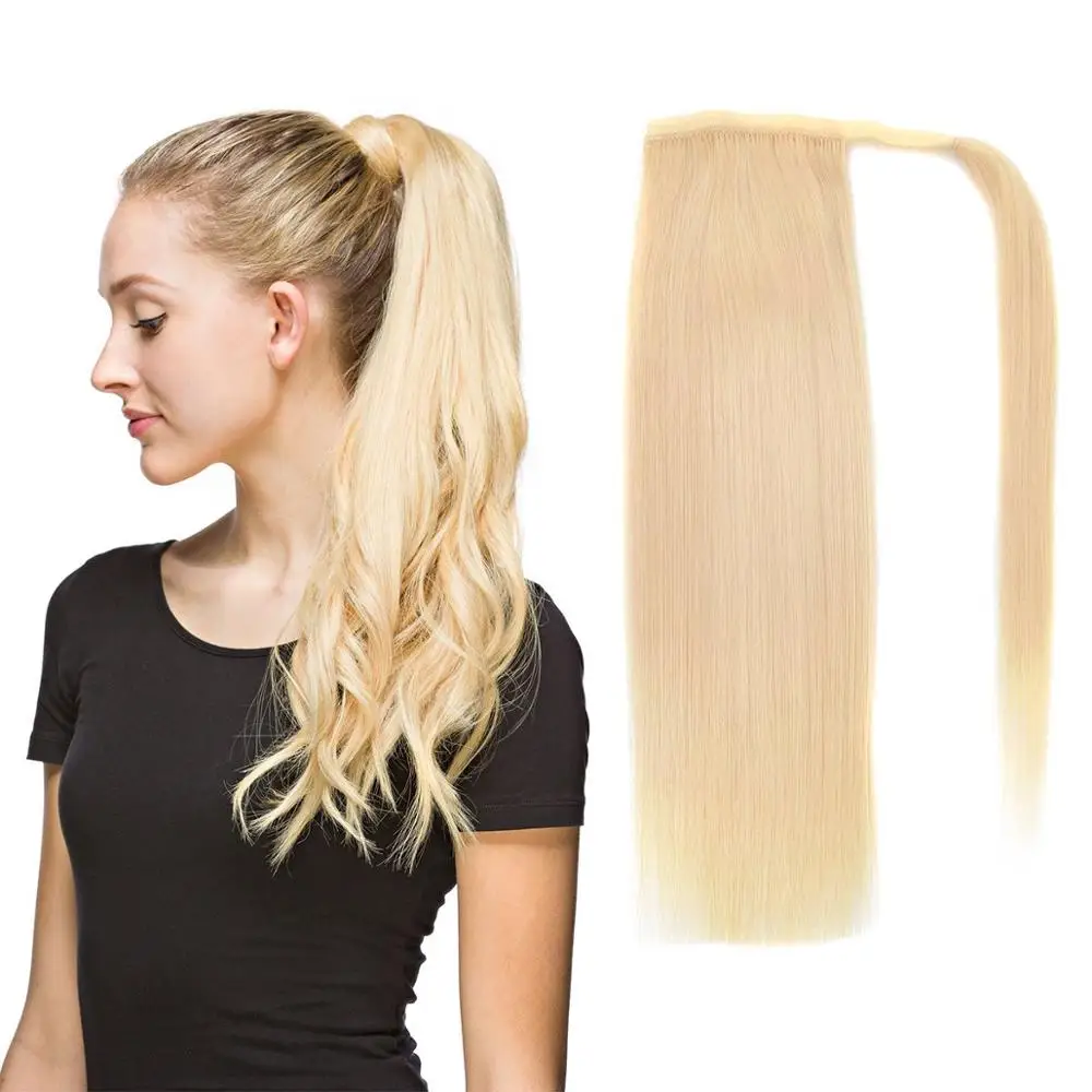 REAL BEAUTY Straight Human Hair Ponytail Wrap Around European Remy Clip in Ponytail Hair Extensions for Women Bleach Blonde