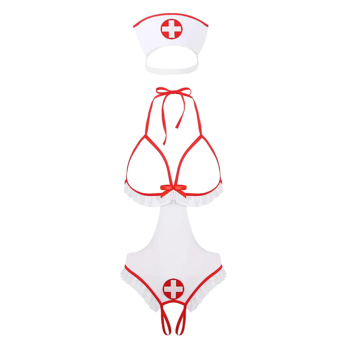 Women Erotic Lingerie Set Fantasy Nurse Cosplay Role play Halter Open Cups Crotchless Tie-on Leotard Bodysuit Nurse Costume Set