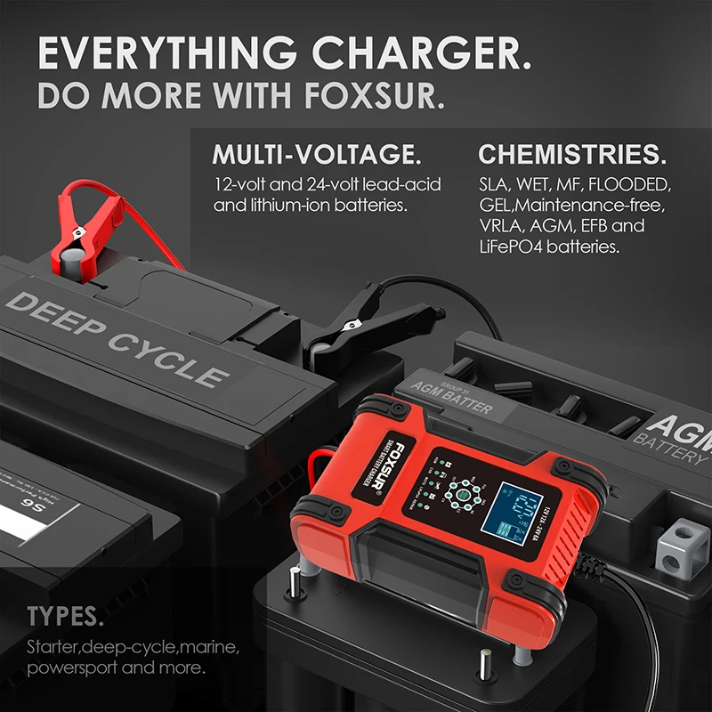 FOXSUR 12Amp Pulse Repair Charger, LiFePO4 Motorcycle & 12V 24V Car Battery Charger, AGM Deep cycle GEL EFB Lead-Acid Charger