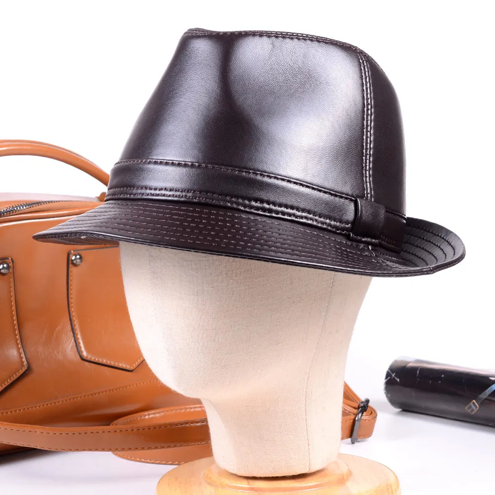 New Women\'s Men\'s 100% Real Leather Sheep Skin Top Hat gentleman cap Fedora Hats/Caps