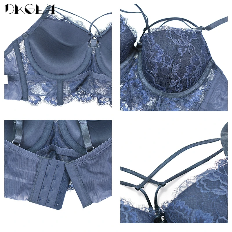 Super Gather Brassiere Deep V Sexy Underwear Women Push Up Bra Panties Sets Blue Lingerie Set Lace Embroidery Bandage Temptation