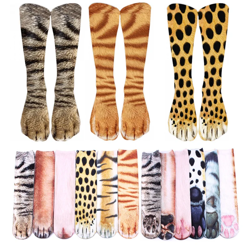 3 Pairs Animals Cat Socks Unisex 3D Printed Funny Tiger Leopard Paw Middle Tube Socks Fashion Happy Gift Combination Female