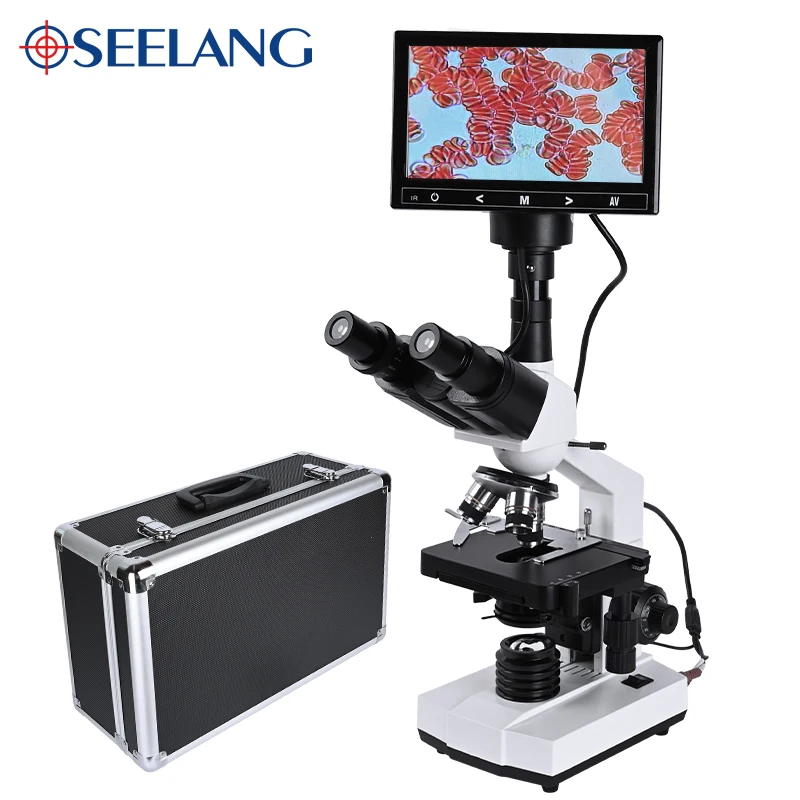 Zoom 5MP HD Digital Binocular biological Lab Microscope led light +7-inch LCD + electronic eyepiece + USB Data line+Metal box