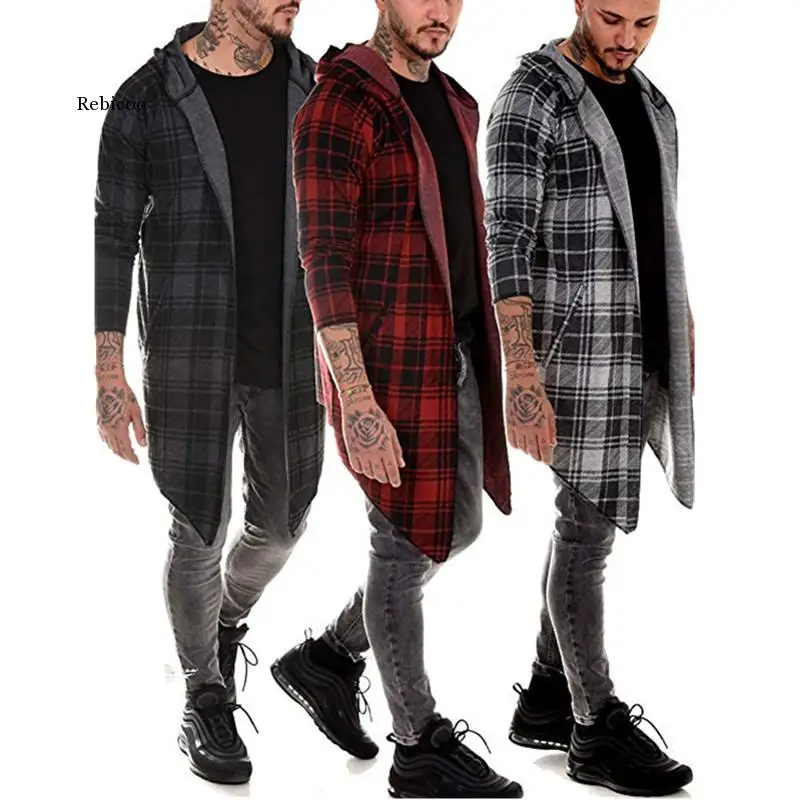 Long Coat Men Gothic Trench Coat Men Cardigan Slim Long Cloak Sweater Hooded Knitted Plaid Fashion Jacket Autumn Steampunk