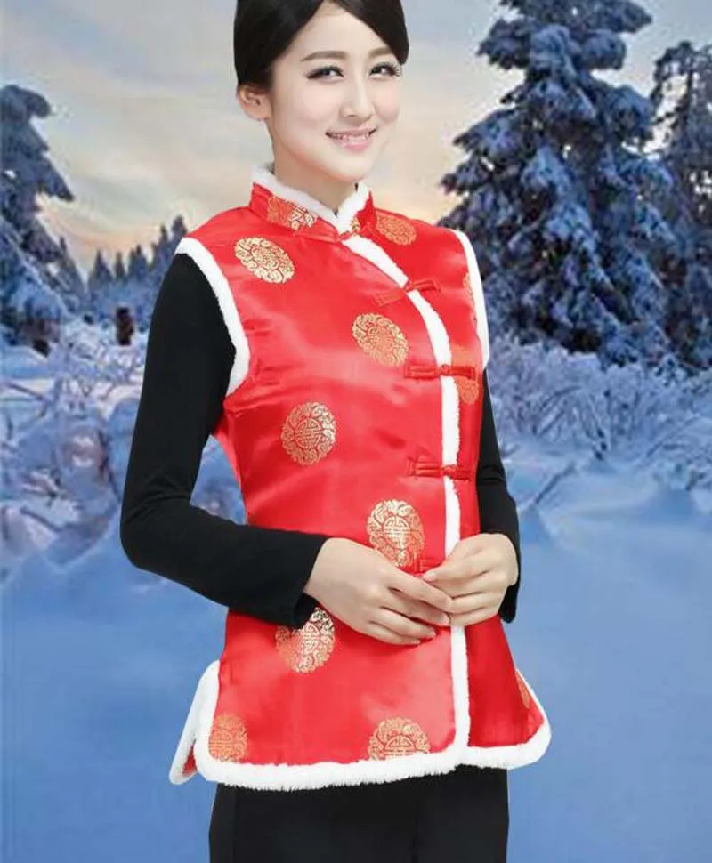 Venda quente novo chinês tradicional feminino algodão colete outono inverno jaqueta cetim tang terno senhoras casual vermelho manter roupas quentes