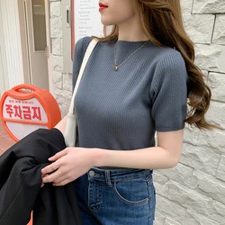 2024 Summer Knitted Thin Sweater Pullovers Korean Half Sleeve Turtleneck Sweater for Women Slim Jumper Tops Office Lady