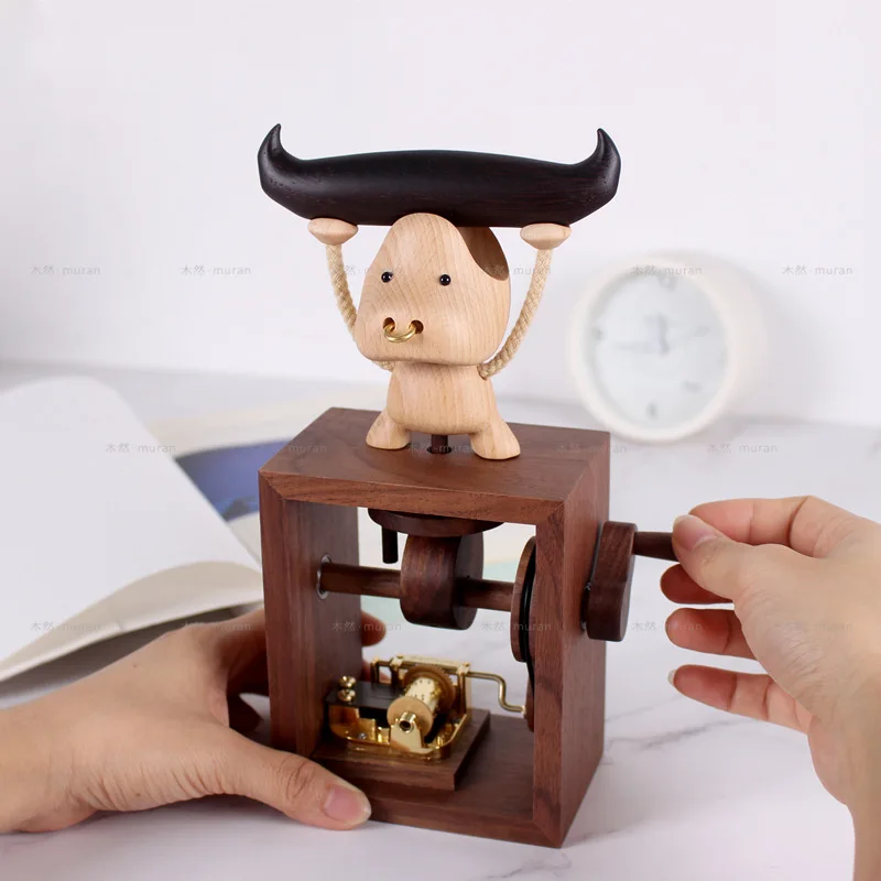 Wooden Music Box Cattle Ox Hand-operated Type Black Walnut Beech Wood Home Decor Furnishings Ornaments Creative Birthday Gifts