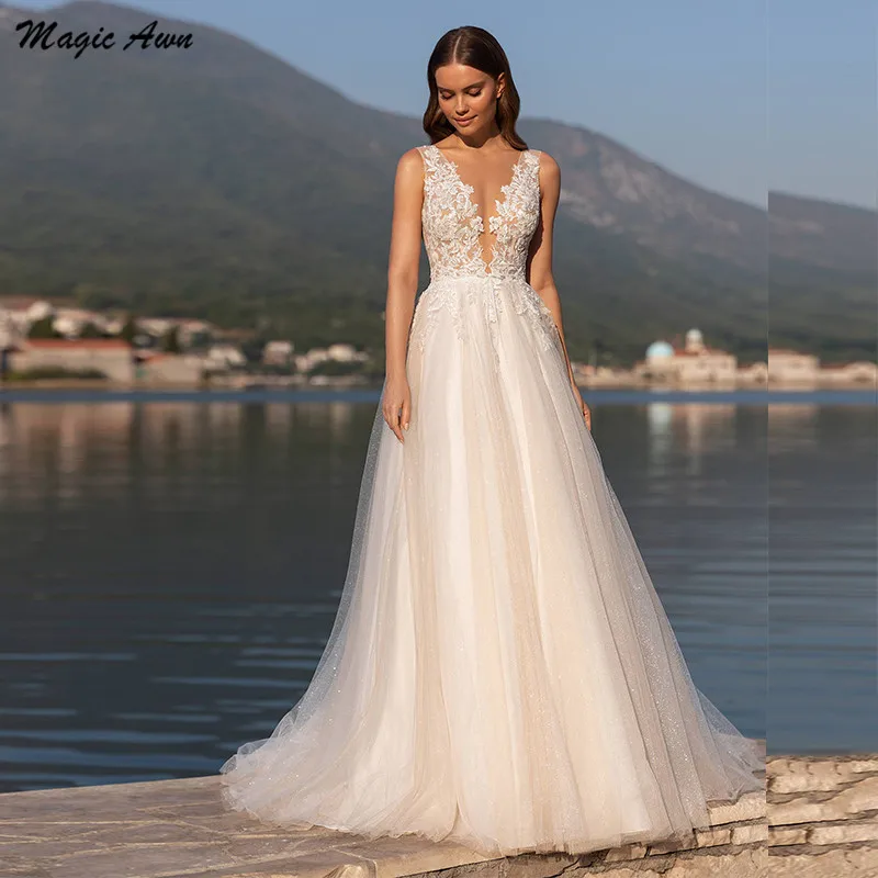 Magia awn praia vestidos de casamento 2022 rendas apliques ilusão brilhante tule boho vestidos de noiva a linha sem mangas vestido de novia