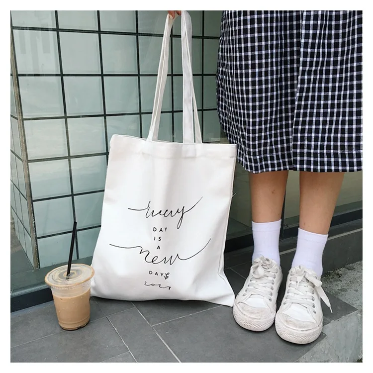 

White canvas bag black printed shoulder bag eco-friendly shopping bag foldable canvas tote women cloth bag white cloth handbag
