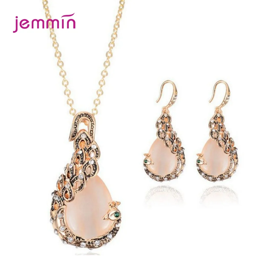 Vintage 925 Silver  Jewelry Set Women Necklace Earrings Water Drop Opal Peacock Pendant for Party Weddingv Luxury Gift