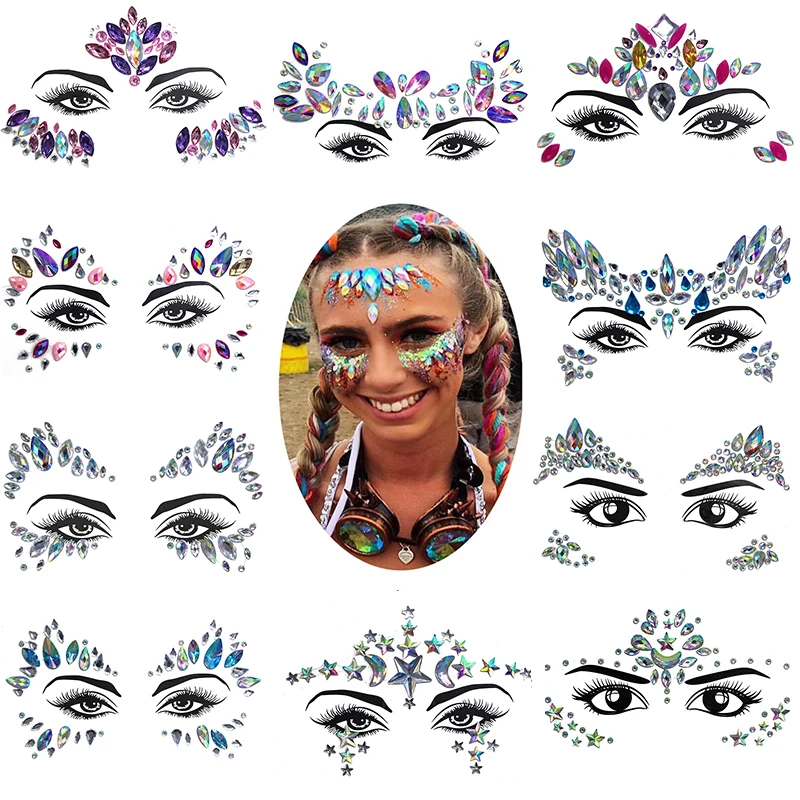 3D Sexy Face Tattoo Stickers Temporary Tattoos Glitter Fake Tattoo Rhinestones For Woman Party Face Jewels Tatoo Eyes Sticker