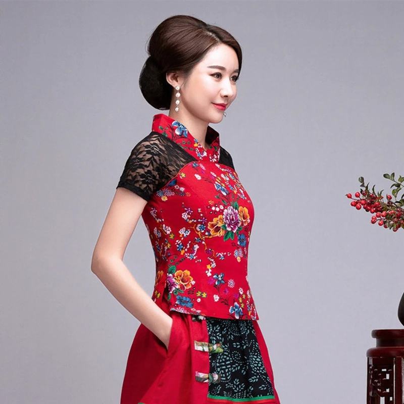 Marque de mode femmes chemises femmes chemise en lin coton lin brodé col en v Blouse à manches courtes petit haut marque Blouse