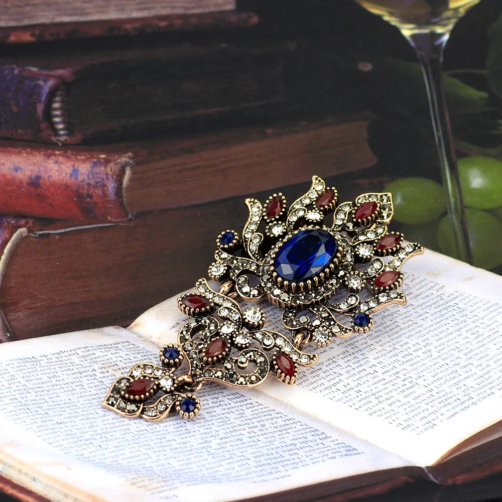 Sunspicems Vintage Bohemia Flower Brooch Crytal Turkish Women Brooch Retro Gold Color Resin Indian Bride Wedding Jewelry Gift