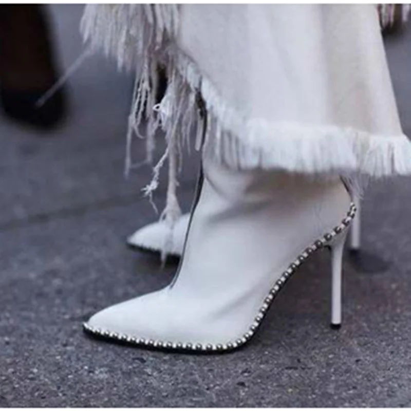 

Custom Made Cow Leather Booties Zip Front And Back Rivet Ankle Boots Matte Leather Pointed Toe Thin High Heel Winter Shoes