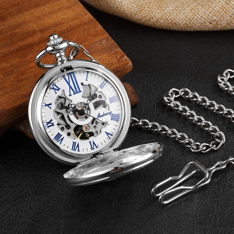 Sliver Deer Mechanical Pocket Watch Male Antique Vintage Hollow Steampunk Skeleton Luxury Engraved Gold Fob Chain Clock for Men